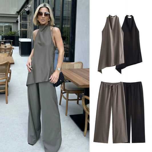 Women Clothing Ladies New Off-the-shoulder Sleeveless Camisole Top Wide Leg Trousers Casual Two Piece Women's Pants Sets