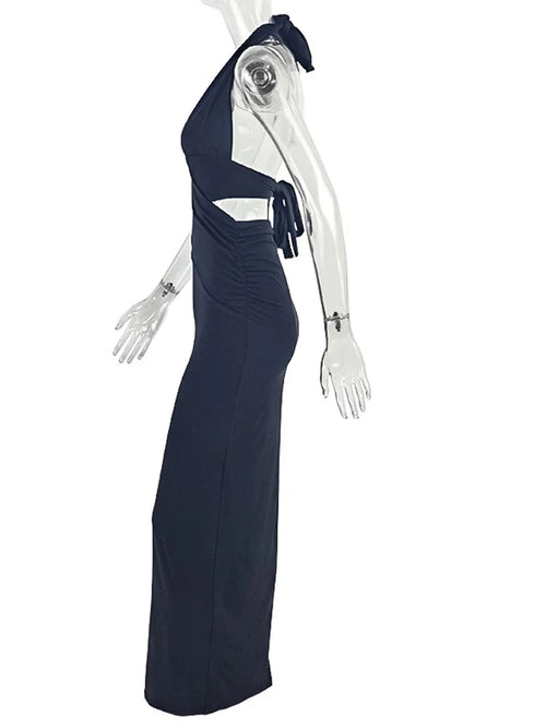 Beyprern Sexy Women's Halter Neck Maxi Dress Women Solid Bandage Backless Bodycon Long Dress for Evening Party Outfits